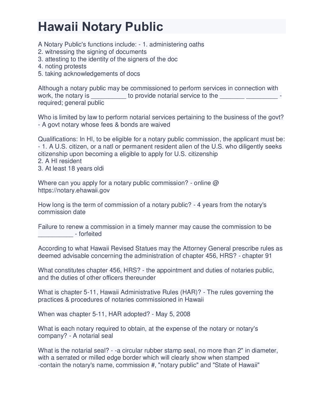 Preview image of Hawaii Notary Public document